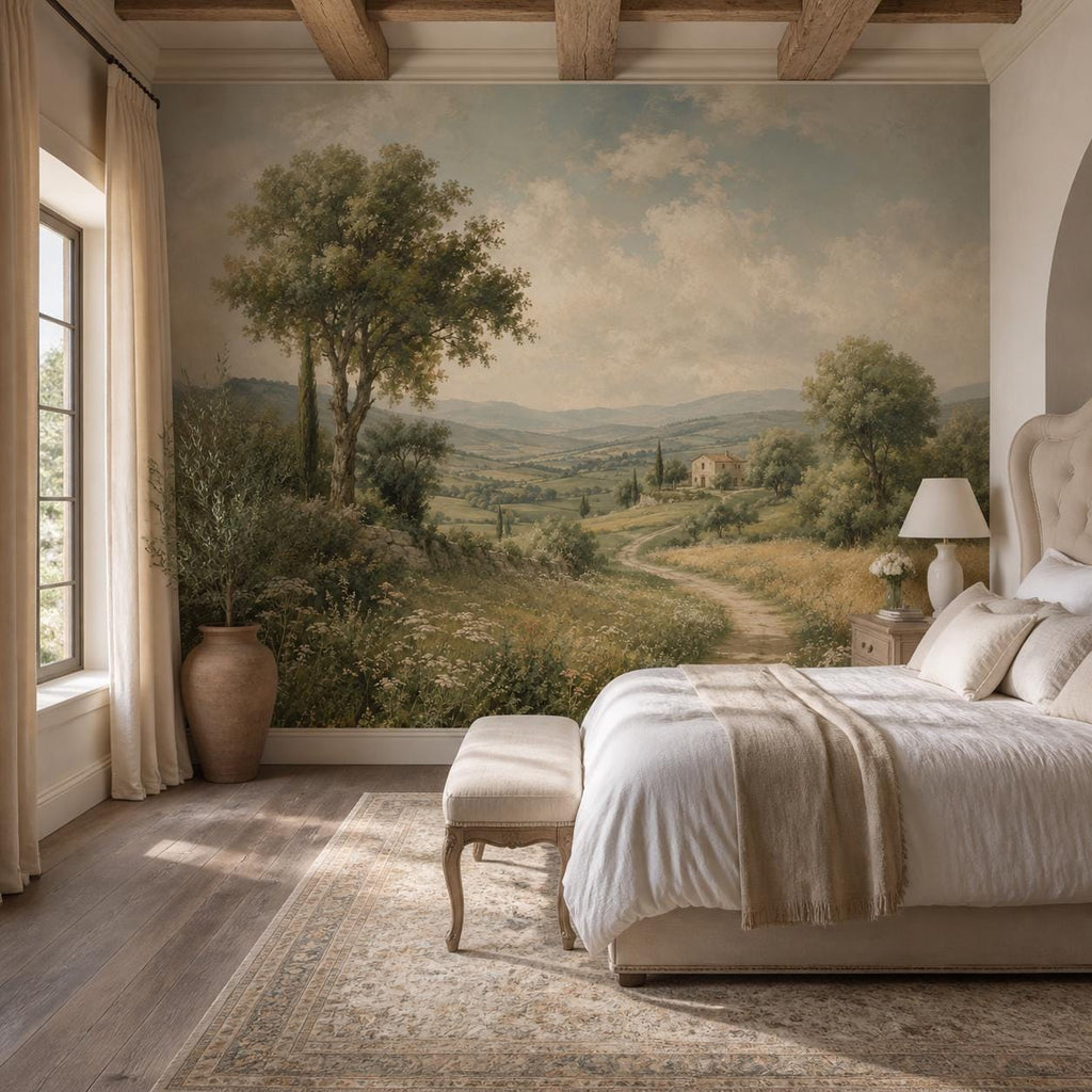 Cottagecore peel and stick wall mural showcasing a scenic countryside with soft muted tones and quiet luxury aesthetic