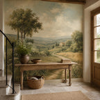 Peel and stick scenic wall mural displayed in a living room alongside linen furniture and dried floral arrangements