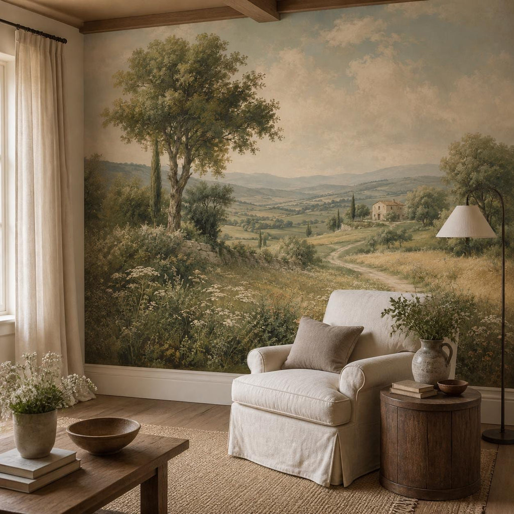 European cottage meadow wallpaper detail showing hand-drawn trees, rolling hills, and soft vintage landscape colors