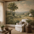 European cottage meadow wallpaper detail showing hand-drawn trees, rolling hills, and soft vintage landscape colors