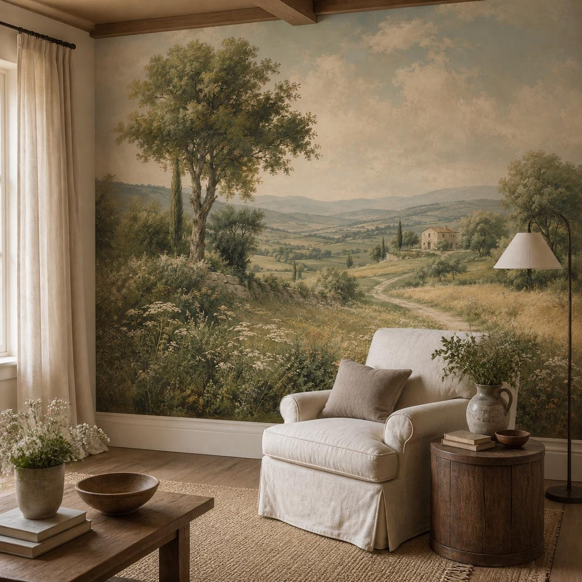 European cottage meadow wallpaper detail showing hand-drawn trees, rolling hills, and soft vintage landscape colors