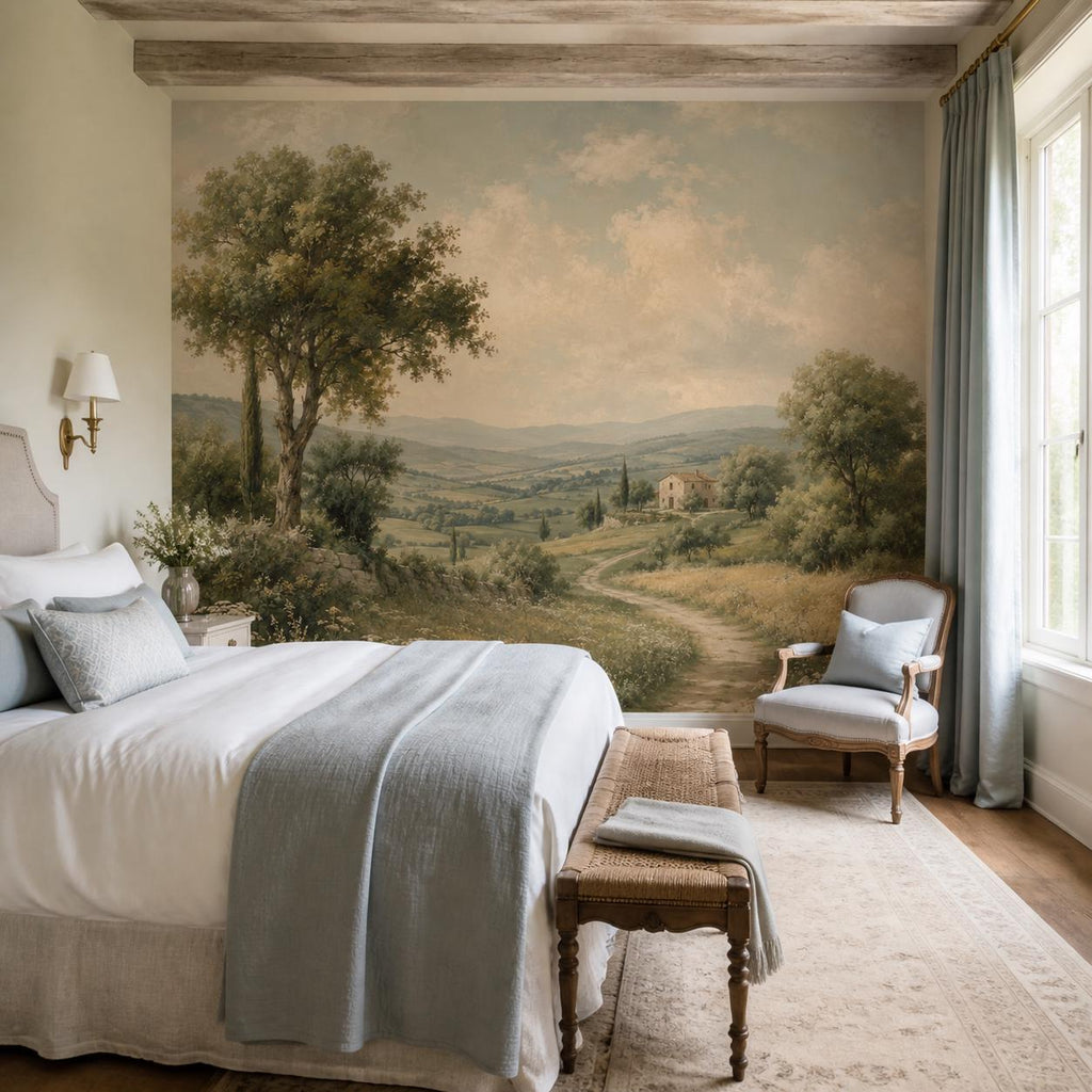 Farmhouse wallpaper panel in a dining room setting with wooden table, candles, and cottagecore nature wall decor