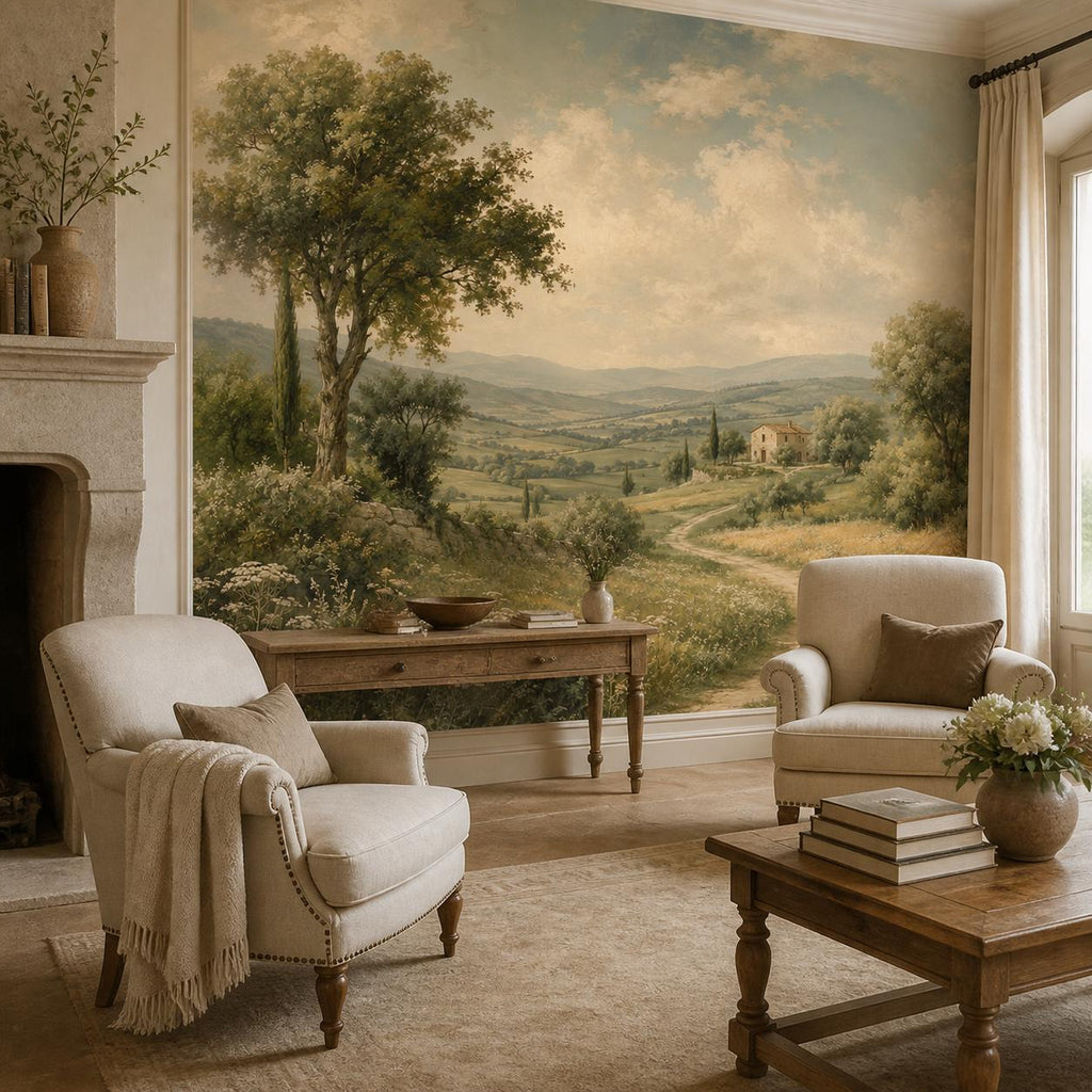 Size and scale chart for peel and stick french country wall mural showing panel dimensions and total coverage area