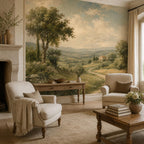 Size and scale chart for peel and stick french country wall mural showing panel dimensions and total coverage area