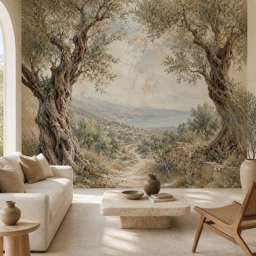 Olive tree wallpaper mural featuring a soft mediterranean landscape in neutral fresco tones for quiet luxury walls