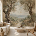 Olive tree wallpaper mural featuring a soft mediterranean landscape in neutral fresco tones for quiet luxury walls