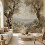 Olive tree wallpaper mural featuring a soft mediterranean landscape in neutral fresco tones for quiet luxury walls