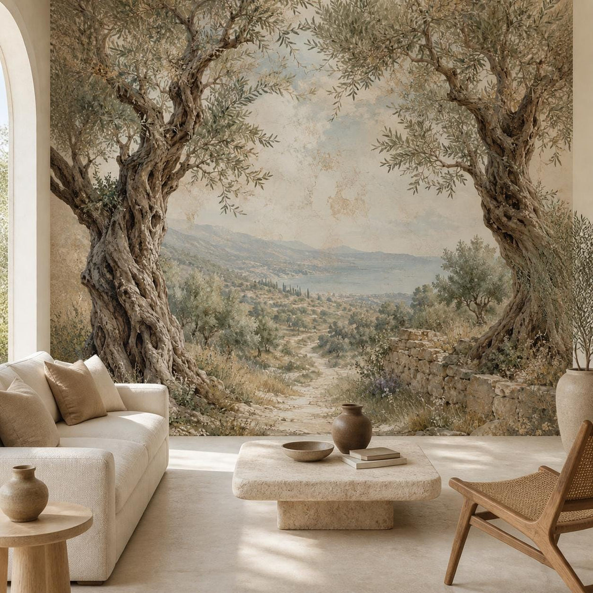 Olive tree wallpaper mural featuring a soft mediterranean landscape in neutral fresco tones for quiet luxury walls