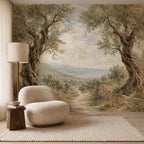 Peel and stick olive tree wallpaper installed in a bedroom creating a serene italian countryside accent wall