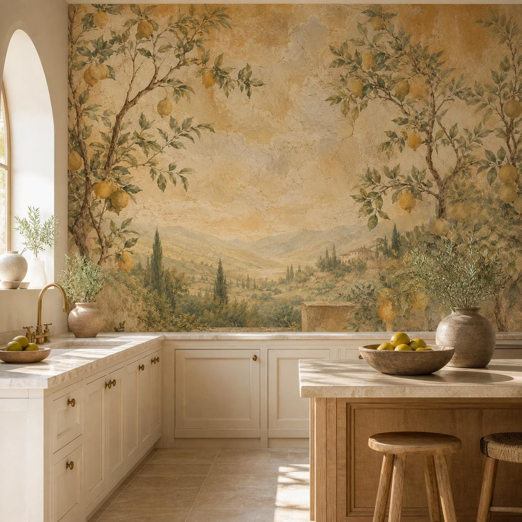 Lemon tree wallpaper mural with Italian fresco style art, Mediterranean kitchen wall decor in warm Tuscan tones