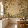 Lemon tree wallpaper mural with Italian fresco style art, Mediterranean kitchen wall decor in warm Tuscan tones