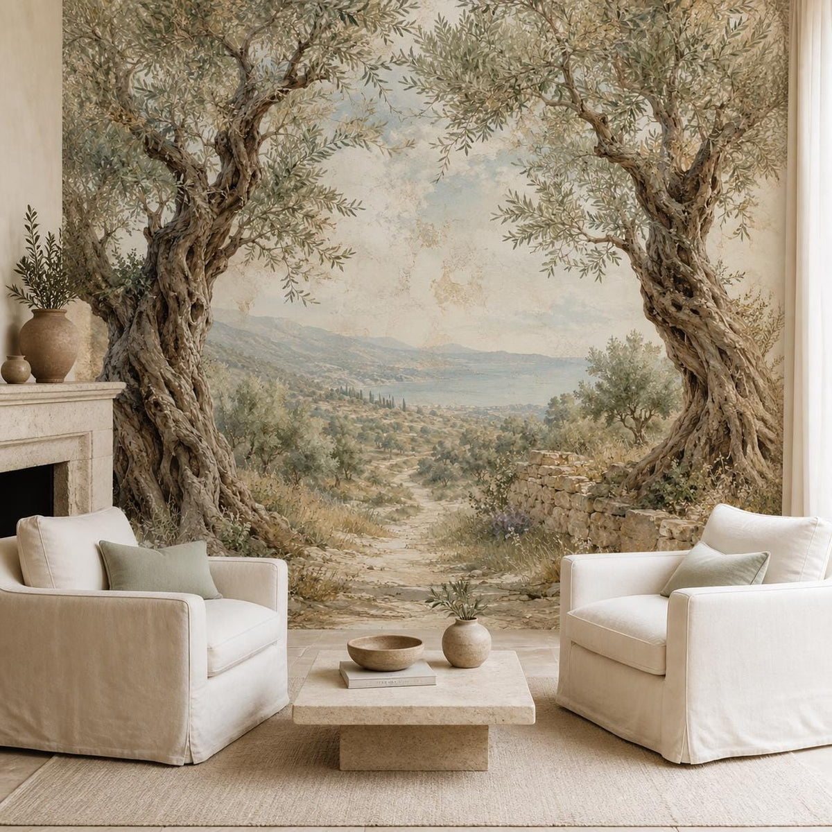 Olive grove decor mural in a bathroom setting adding organic warmth and quiet luxury to neutral interiors