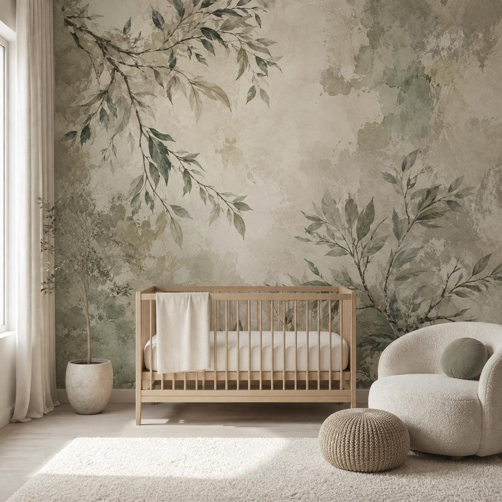 Sage green leaf wall mural in a cozy living room styled with natural wood furniture and linen textiles