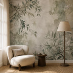 Detail shot of sage wallpaper showing subtle plaster wallpaper texture and hand-drawn botanical branch motif