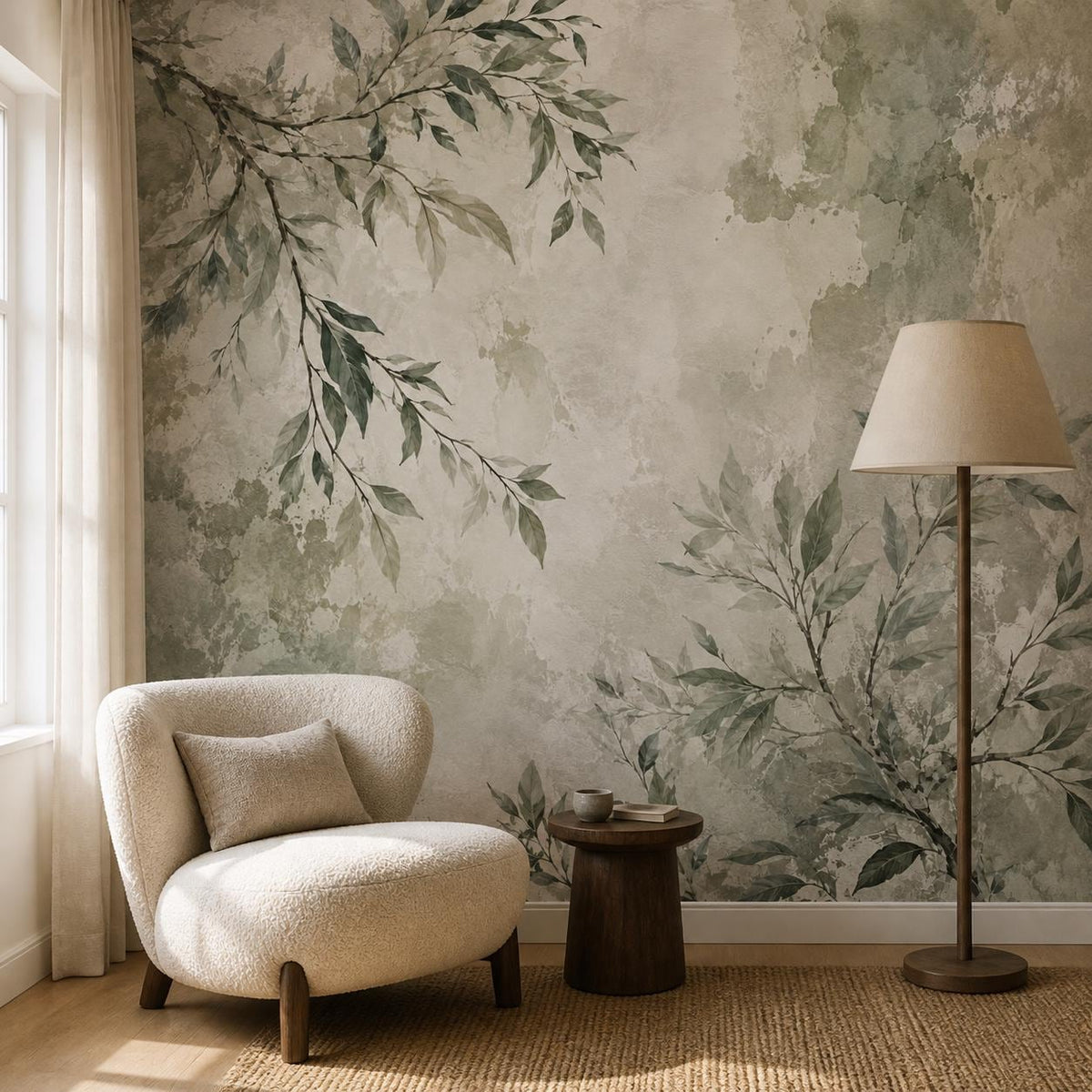 Detail shot of sage wallpaper showing subtle plaster wallpaper texture and hand-drawn botanical branch motif