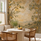 Botanical lemon tree mural close up showing hand painted fresco detail and rich citrus wall decor colors