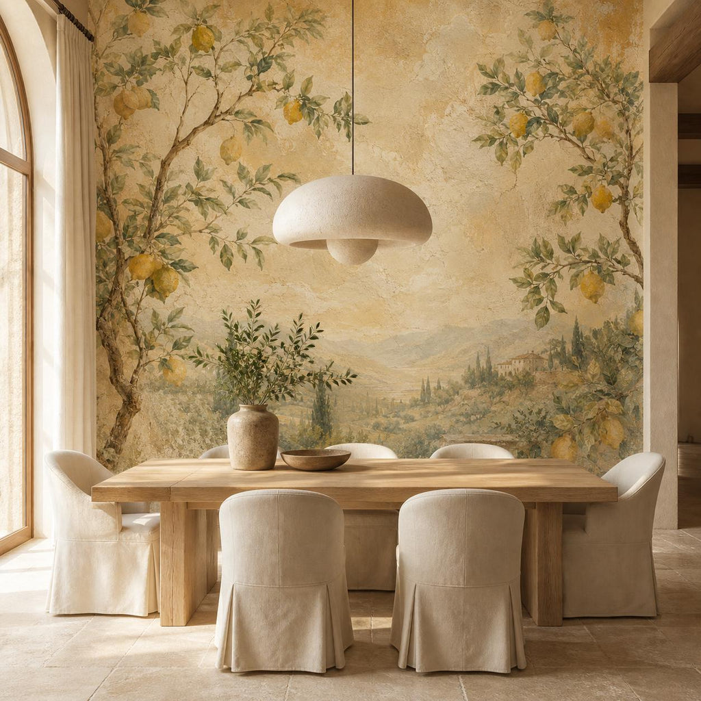 Italian villa lemon wallpaper installed in a bright Mediterranean kitchen with terracotta and white tile accents