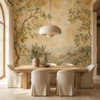 Italian villa lemon wallpaper installed in a bright Mediterranean kitchen with terracotta and white tile accents
