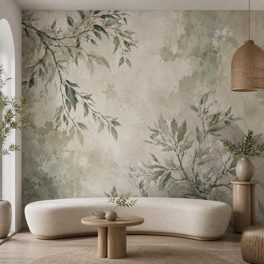 Organic modern bedroom with sage green branch wallpaper creating a calming nature-inspired accent wall