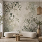 Organic modern bedroom with sage green branch wallpaper creating a calming nature-inspired accent wall