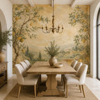 Tuscan wallpaper mural in a styled dining room with wooden table, olive branches and old world wall decor
