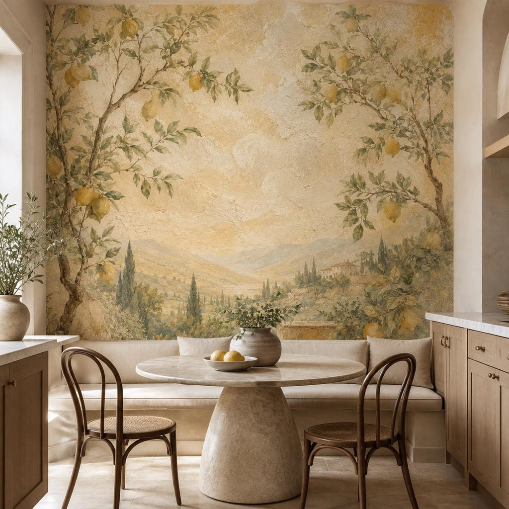 Full wall Italian fresco wallpaper mural showing lemon branches and soft aged Tuscan villa background texture