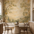Full wall Italian fresco wallpaper mural showing lemon branches and soft aged Tuscan villa background texture