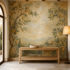 Close up texture of Italian fresco lemon wallpaper showing brushstroke detail and distressed old world finish