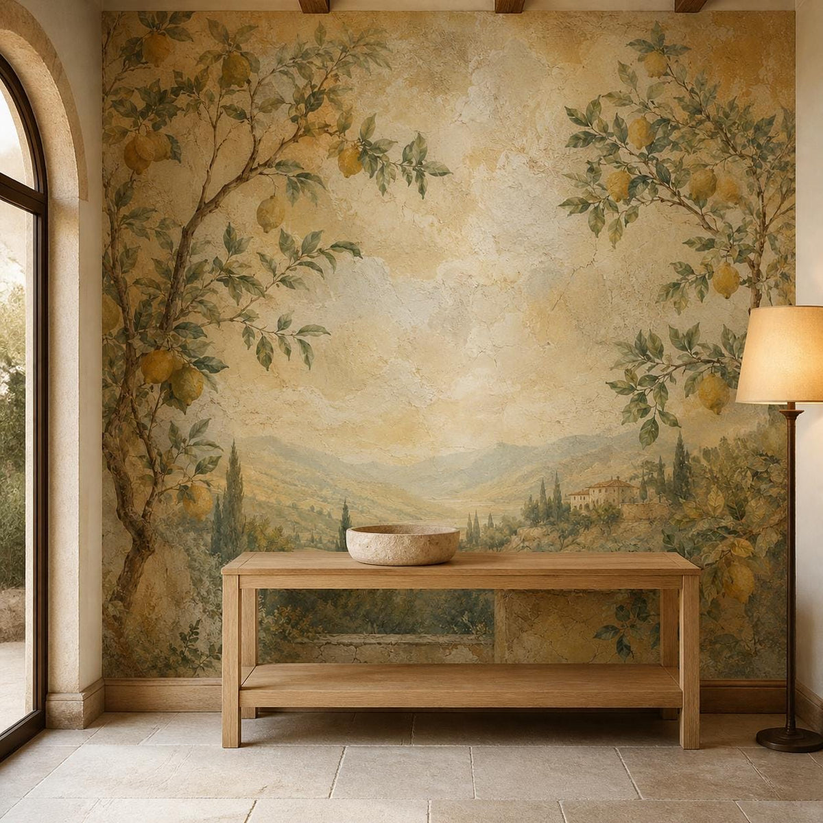 Close up texture of Italian fresco lemon wallpaper showing brushstroke detail and distressed old world finish