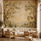 Size and scale chart for lemon tree wall mural showing panel widths heights and repeat pattern dimensions