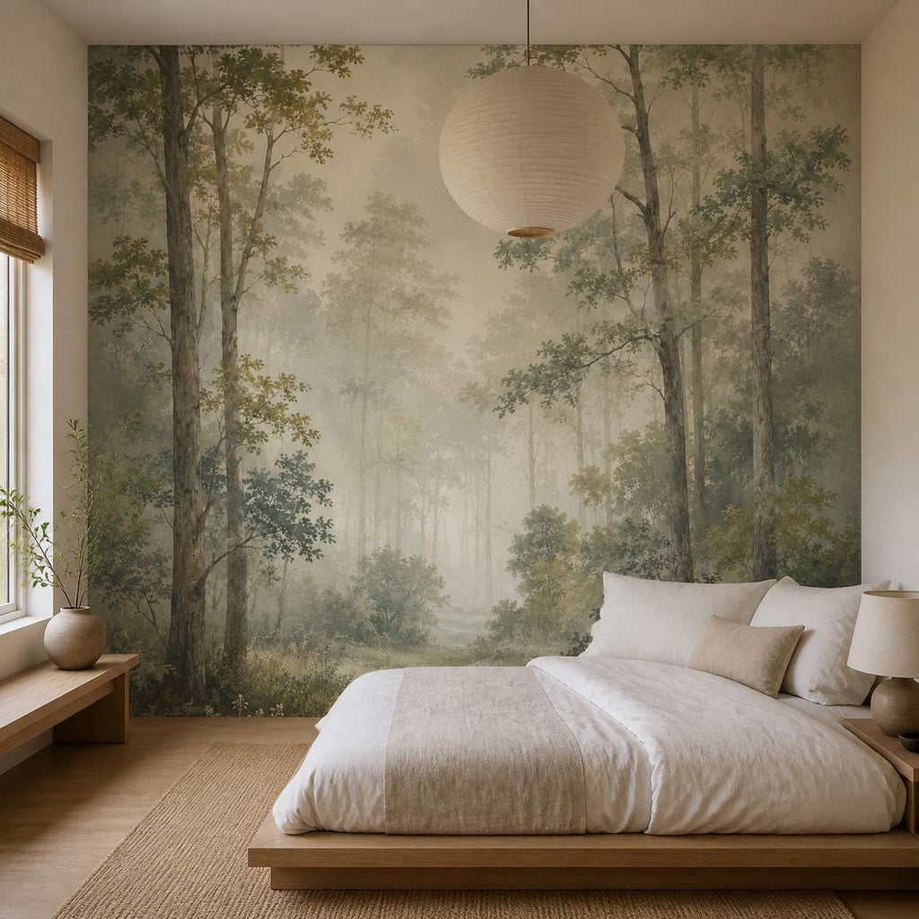 Close-up of sage green woodland wallpaper texture showing delicate mist and layered tree details