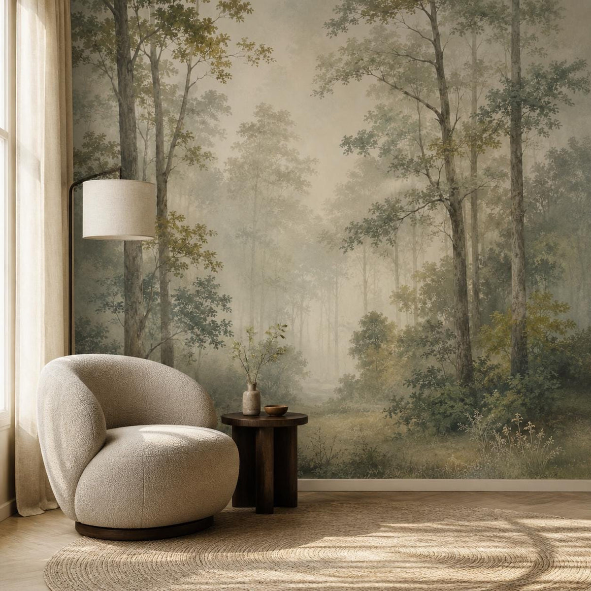 Peel and stick misty forest mural installed in a bright airy bedroom with neutral linen bedding