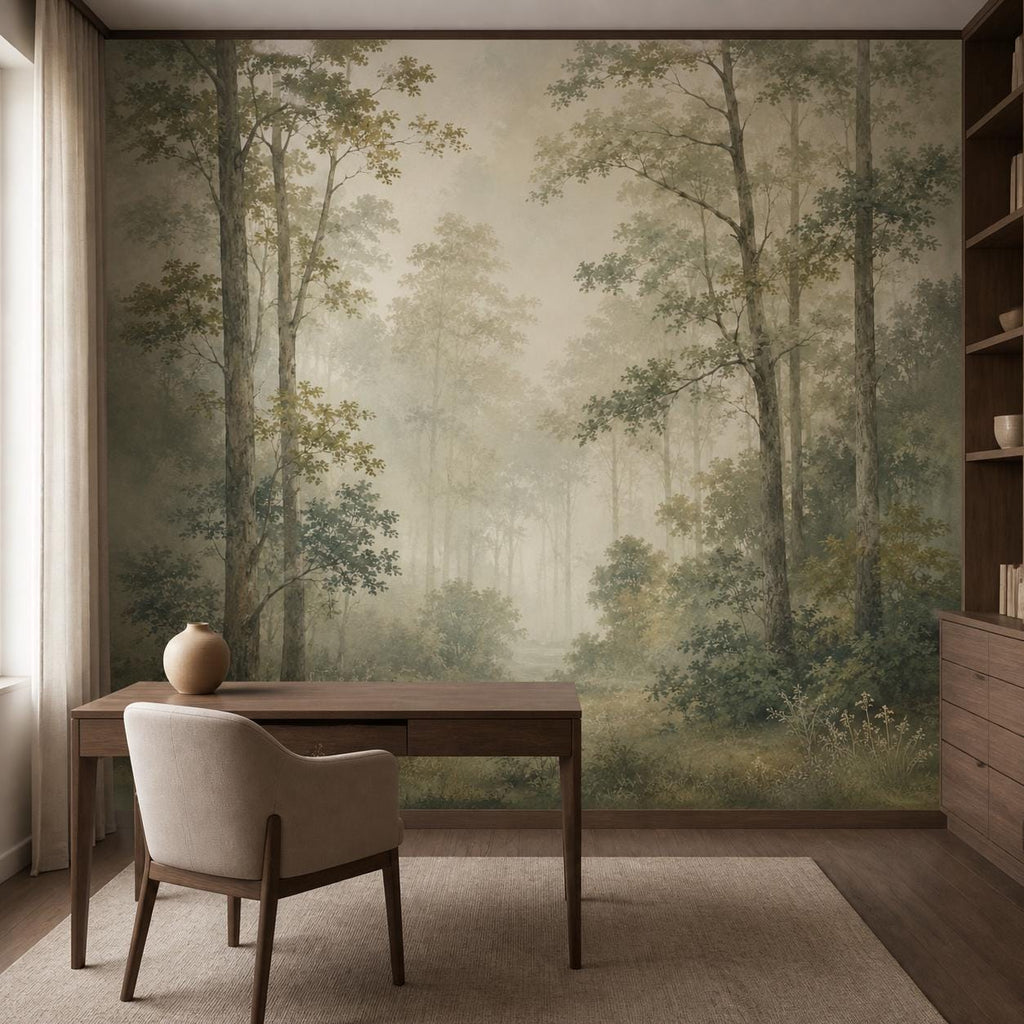Nature wallpaper panel showing soft sage green mist and scenic landscape in quiet luxury aesthetic