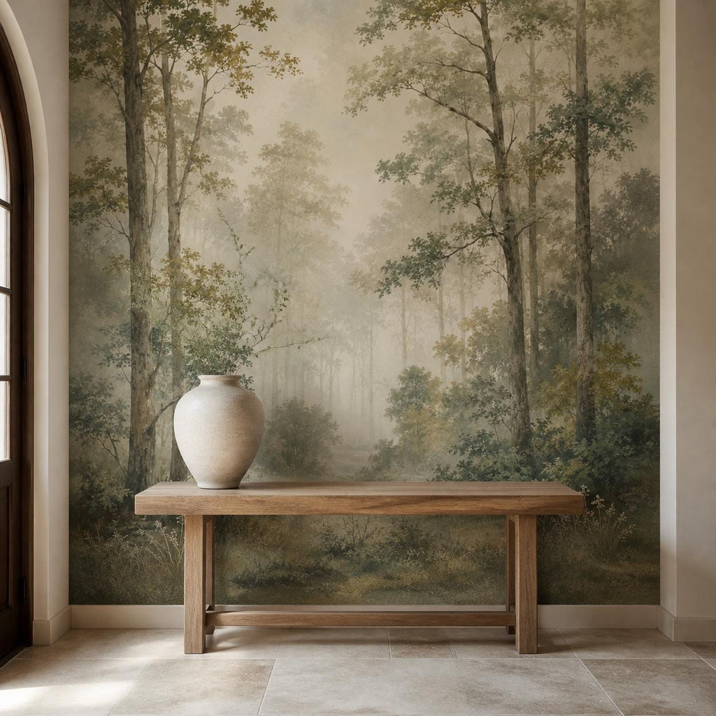 Sage green forest mural accent wall in a neutral bedroom creating a calming nature-inspired retreat