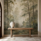 Sage green forest mural accent wall in a neutral bedroom creating a calming nature-inspired retreat