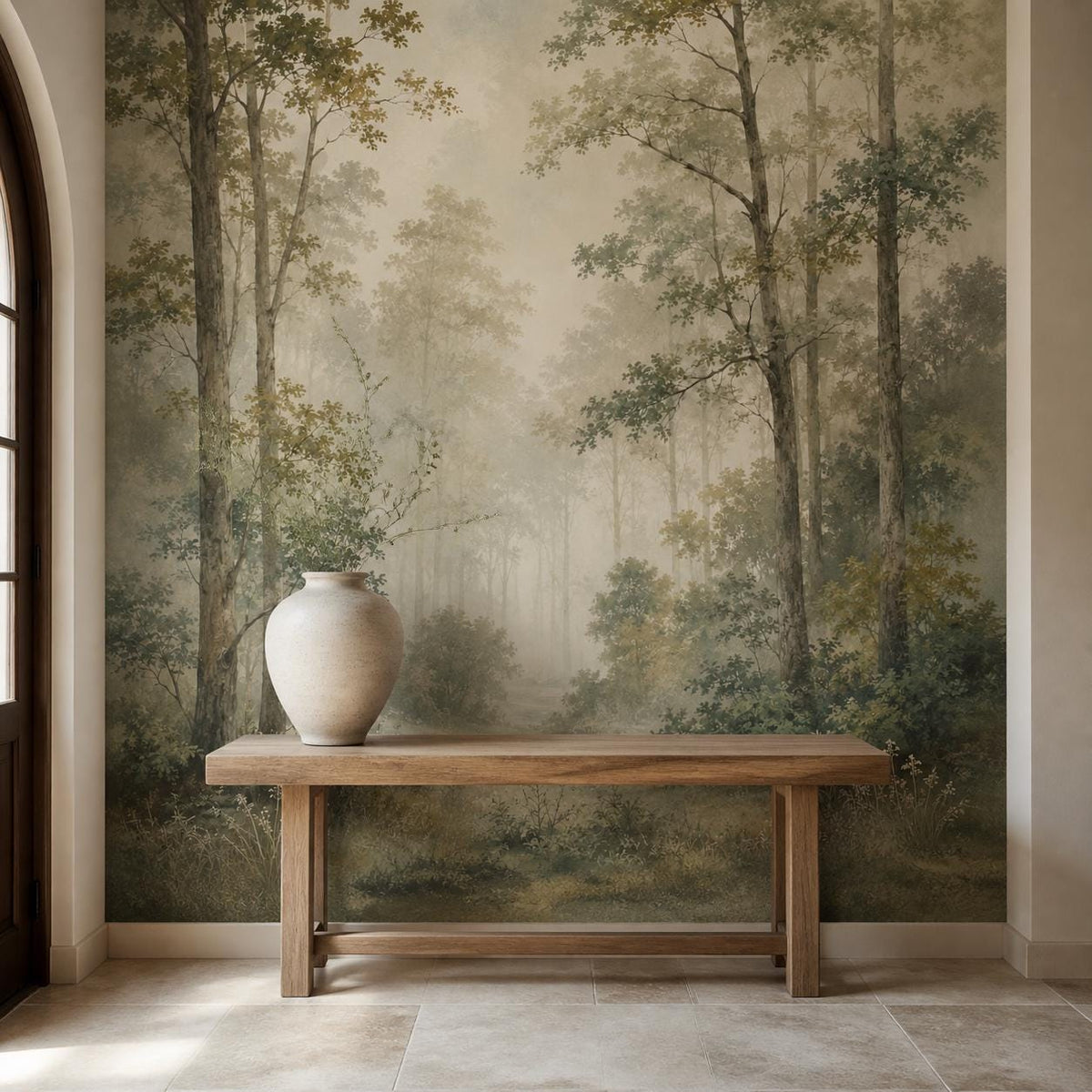 Sage green forest mural accent wall in a neutral bedroom creating a calming nature-inspired retreat