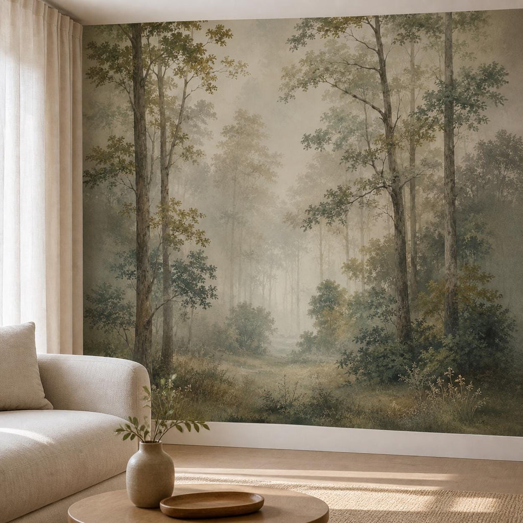 Size and scale chart for misty forest peel and stick wallpaper showing panel dimensions and repeat