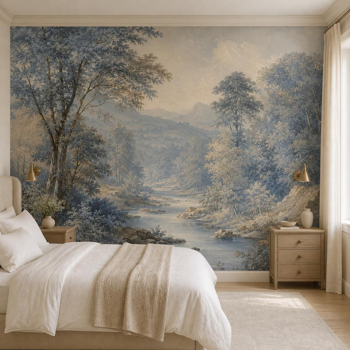 Scenic river wallpaper mural in soft powder blue tones featuring tranquil woodland and nature wall decor