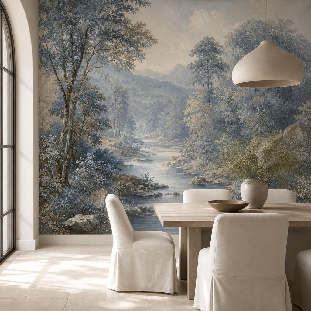 Close-up texture of blue forest mural showing detailed brushstroke finish and soft coastal wallpaper tones