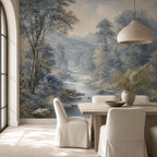 Close-up texture of blue forest mural showing detailed brushstroke finish and soft coastal wallpaper tones