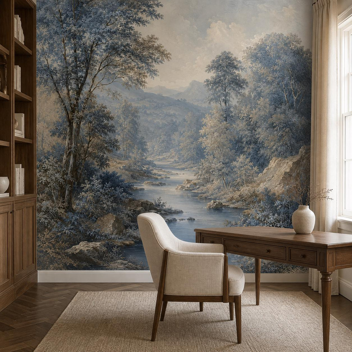 Scenic landscape wallpaper panel in powder blue displayed in a serene primary bedroom with linen bedding