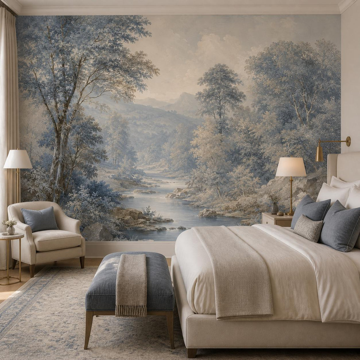River wallpaper mural styled in a living room with coastal decor and soft blue nature wall art behind sofa