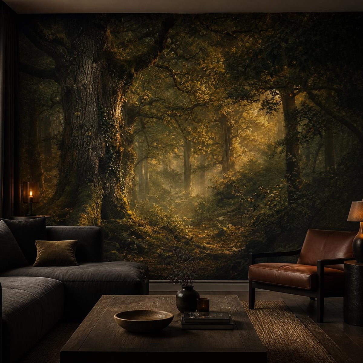 Moody woodland wall mural closeup showing cinematic golden forest glow and dark green foliage detail