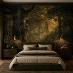 Dark academia peel and stick wallpaper installed in a cozy reading nook with warm ambient lighting
