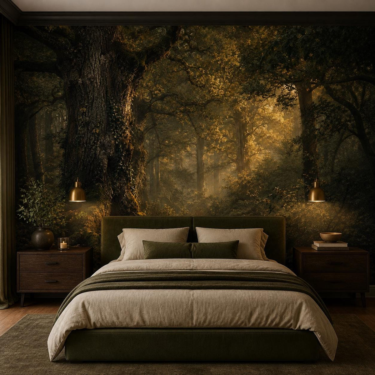 Dark academia peel and stick wallpaper installed in a cozy reading nook with warm ambient lighting