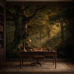 Golden light forest wallpaper in a bedroom setting with dark academia aesthetic furniture and decor