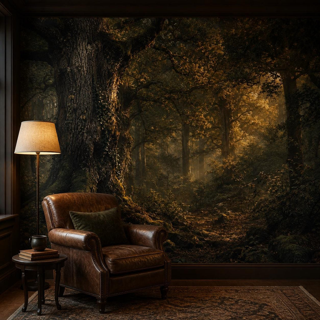 Close up texture of moody woodland wallpaper revealing fine print detail and rich dark forest tones