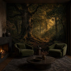 Size and scale chart for dark forest wallpaper mural showing panel dimensions and coverage options
