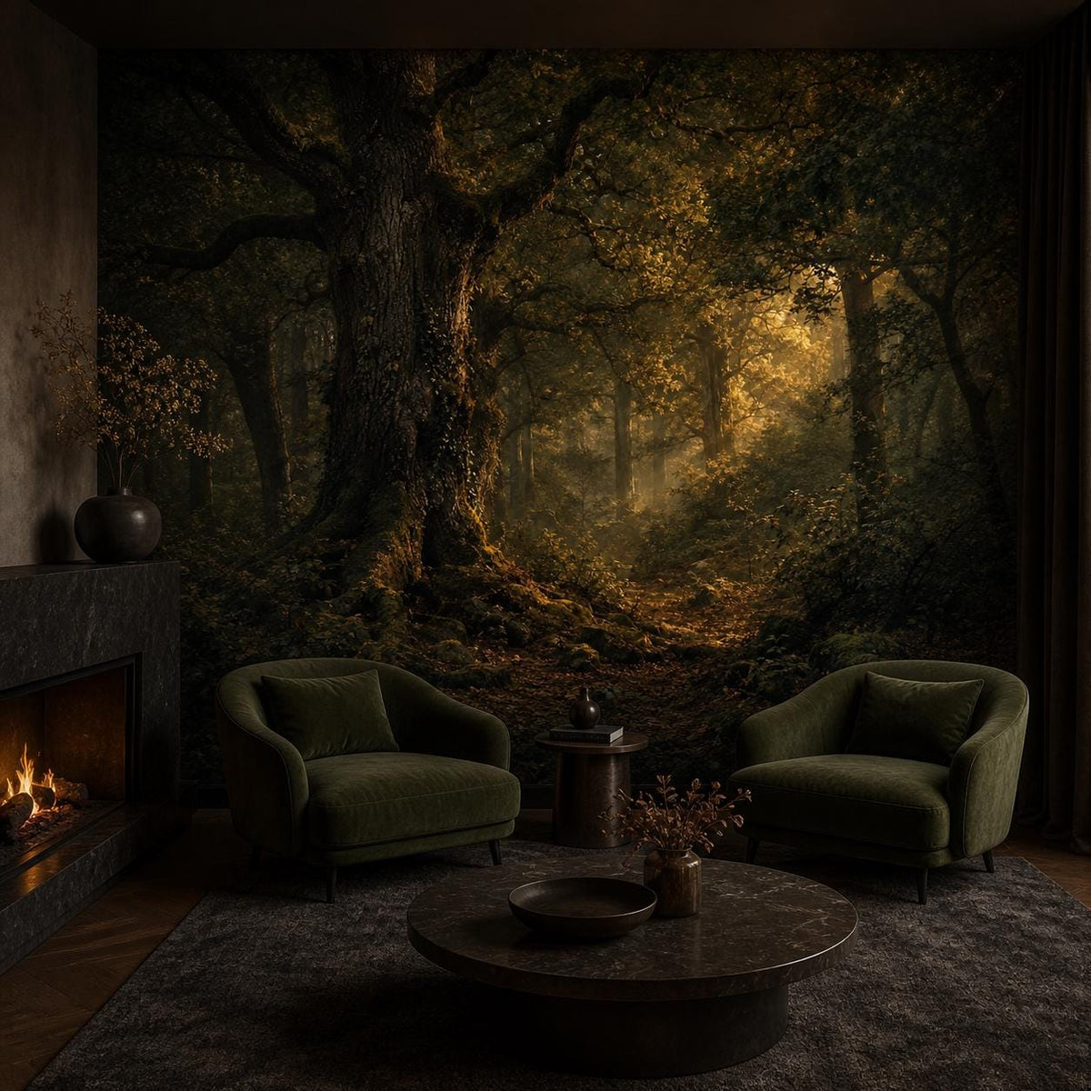 Size and scale chart for dark forest wallpaper mural showing panel dimensions and coverage options