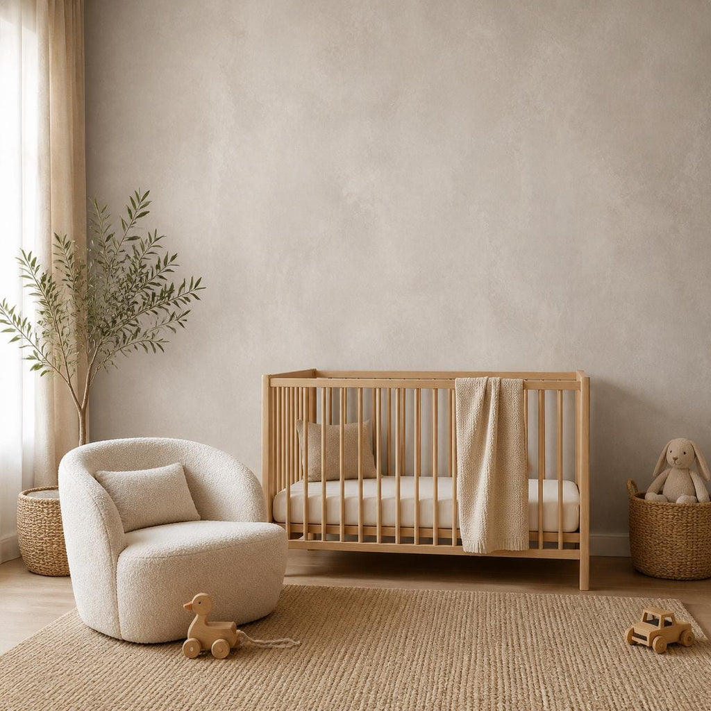 Peel and stick limewash wallpaper in warm greige tones bringing quiet luxury to any accent wall